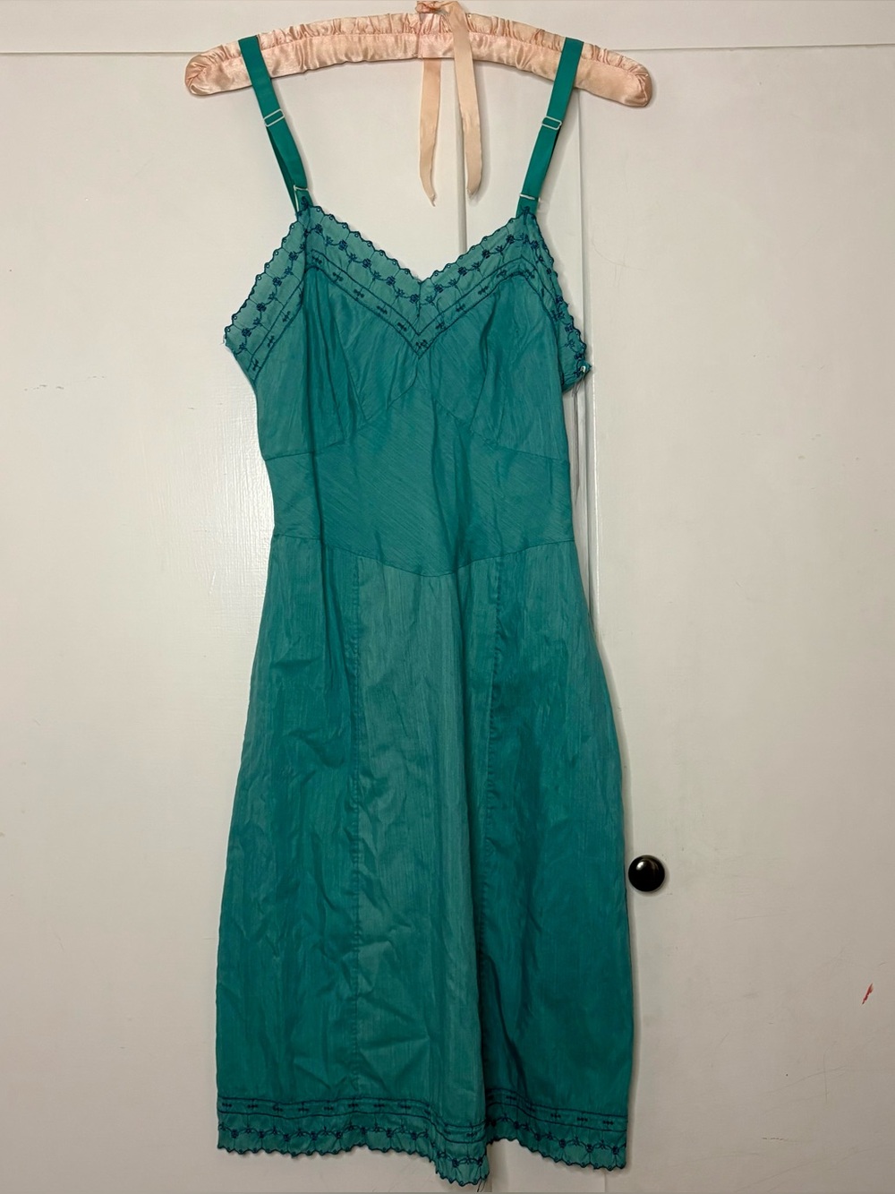 Vintage 60s Emerald Blue Green Hand Dyed Cotton Embroidered Slip Dress
